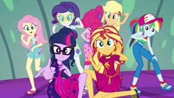 Size: 1920x1080 | Tagged: safe, screencap, applejack, fluttershy, pinkie pie, rainbow dash, rarity, sunset shimmer, twilight sparkle, better together, equestria girls, i'm on a yacht, feet, humane five, humane seven, humane six, legs, pi sign, sandals, sleeveless