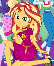 Size: 654x796 | Tagged: safe, screencap, applejack, pinkie pie, rainbow dash, rarity, sunset shimmer, better together, equestria girls, i'm on a yacht, cropped, cutie mark on clothes, geode of empathy, looking at you, magical geodes, smiling, solo focus