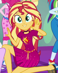 Size: 644x807 | Tagged: safe, screencap, pinkie pie, rainbow dash, sunset shimmer, better together, equestria girls, i'm on a yacht, cropped, cute, cutie mark on clothes, geode of empathy, legs, looking at you, magical geodes, shimmerbetes, smiling