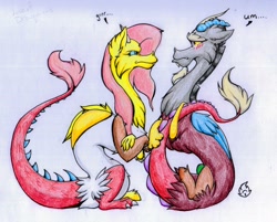 Size: 2602x2090 | Tagged: safe, artist:nekotigerfire, discord, fluttershy, draconequus, angry, blushing, discoshy, draconequified, duo, female, flutterequus, male, shipping, species swap, straight, traditional art