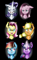 Size: 800x1280 | Tagged: safe, artist:valemjj, derpibooru import, applejack, fluttershy, mean applejack, mean fluttershy, mean pinkie pie, mean rainbow dash, mean rarity, mean twilight sparkle, pinkie pie, rainbow dash, rarity, twilight sparkle, earth pony, pegasus, pony, unicorn, the mean 6, anti-elements, clone, clone six, elements of disharmony, mane six, mean six, pinkamena diane pie