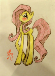 Size: 781x1076 | Tagged: safe, artist:radian-the-art, fluttershy, pegasus, pony, blushing, looking at you, missing cutie mark, profile, solo, traditional art, wingless