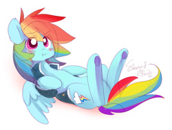 Size: 850x643 | Tagged: safe, artist:ende26, derpibooru import, rainbow dash, pegasus, pony, :t, blushing, solo, underhoof, wavy mouth