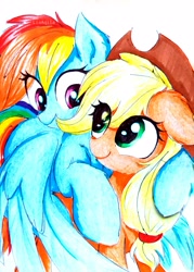 Size: 1811x2535 | Tagged: safe, artist:liaaqila, derpibooru import, applejack, rainbow dash, earth pony, pegasus, pony, female, simple background, traditional art, white background