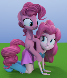 Size: 562x648 | Tagged: safe, artist:3d thread, artist:creatorofpony, pinkie pie, pony, equestria girls, /mlp/, 3d, 3d model, all fours, blender, boots, bracelet, clothes, high heel boots, human ponidox, looking at each other, ponies riding humans, pony ride, shirt, skirt, smiling