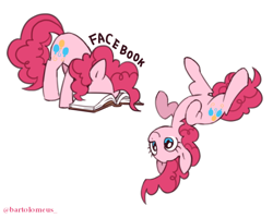 Size: 600x480 | Tagged: safe, artist:bartolomeus_, pinkie pie, earth pony, pony, book, cute, diapinkes, facebook, facebooking, literal, on back, pinkie being pinkie, ponk, pun, simple background, smiling, solo, upside down, visual pun, white background