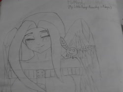 Size: 4320x3240 | Tagged: safe, artist:brandonale, fluttershy, human, parasprite, humanized, monochrome, photo, solo, traditional art