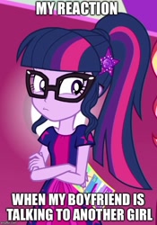 Size: 500x714 | Tagged: safe, edit, edited screencap, screencap, sci-twi, sunset shimmer, twilight sparkle, better together, equestria girls, spring breakdown, cropped, crossed arms, female, geode of telekinesis, glasses, hairpin, jealous, looking at you, magical geodes, offscreen character, ponytail, reaction image