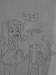 Size: 720x960 | Tagged: safe, artist:brandonale, fluttershy, equestria girls, crossover, lineart, monochrome, photo, sonic the hedgehog, sonic the hedgehog (series), spanish, text, traditional art