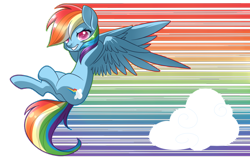 Size: 900x581 | Tagged: safe, artist:haydee, derpibooru import, rainbow dash, pegasus, pony, cloud, female, hooves behind head, looking at you, mare, simple background, solo