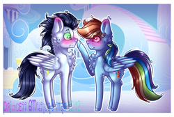 Size: 1024x690 | Tagged: safe, artist:princess3342ofc, derpibooru import, rainbow dash, soarin', pegasus, pony, blushing, boop, cheek fluff, chest fluff, female, heart eyes, male, old cutie mark, shipping, soarindash, straight, wingding eyes