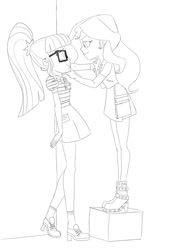 Size: 608x900 | Tagged: safe, artist:carnifex, sci-twi, sunset shimmer, twilight sparkle, better together, equestria girls, commission, female, lesbian, monochrome, scitwishimmer, shipping, size difference, sunsetsparkle