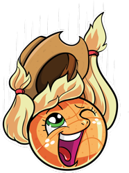 Size: 800x1073 | Tagged: dead source, safe, artist:s-a1amandra, applejack, object pony, original species, ashleigh ball, ball, barely pony related, basketball, cowboy hat, falling, happy, hat, inanimate tf, looking up, motion lines, objectification, one eye closed, open mouth, ponified, pun, simple background, smiling, solo, transformation, transparent background, voice actor joke, wat, wink