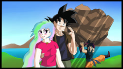 Size: 1191x670 | Tagged: safe, artist:yordisz, princess celestia, principal celestia, twilight sparkle, equestria girls, dragon ball z, goku, humanized, rock