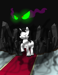 Size: 2488x3240 | Tagged: safe, artist:americananomaly, derpibooru import, king sombra, pony, umbrum, antagonist, anthroquestria, black crystal, blank flank, crystal, darkness, evil, eyes closed, glowing eyes, grin, origins, raised hoof, smiling, solo, unshorn fetlocks, younger