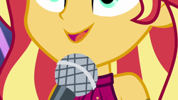 Size: 1920x1080 | Tagged: safe, screencap, sunset shimmer, better together, equestria girls, spring breakdown, all good (song), close-up, extreme close up, female, microphone, singing, sleeveless, solo