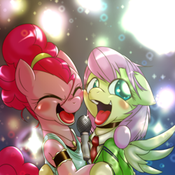 Size: 1000x1000 | Tagged: safe, artist:ushiro no kukan, fluttershy, pinkie pie, earth pony, pegasus, pony, alternate hairstyle, armband, clothes, duo, eyes closed, jewelry, microphone, necklace, necktie, open mouth, ponytail, singing, suit, tanktop