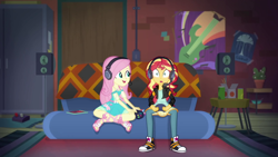 Size: 1920x1080 | Tagged: safe, screencap, fluttershy, sunset shimmer, better together, equestria girls, game stream, clothes, controller, converse, feet, gamershy, headphones, looking at you, poster, sandals, shoes, sneakers, sofa, sunset gamer, video game