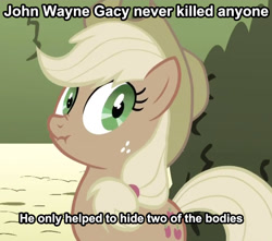 Size: 803x711 | Tagged: safe, edit, edited screencap, screencap, applejack, earth pony, pony, the return of harmony, image macro, john wayne gacy, liar face, liarjack, meme, scrunchy face, solo