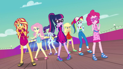 Size: 1920x1080 | Tagged: safe, screencap, applejack, fluttershy, pinkie pie, rainbow dash, rarity, sci-twi, sunset shimmer, twilight sparkle, better together, equestria girls, i'm on a yacht, clothes, dress, feet, female, geode of empathy, geode of fauna, geode of shielding, geode of super speed, humane five, humane seven, humane six, legs, magical geodes, midriff, sandals, sleeveless