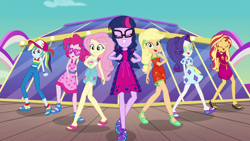 Size: 1920x1080 | Tagged: safe, screencap, applejack, fluttershy, pinkie pie, rainbow dash, rarity, sci-twi, sunset shimmer, twilight sparkle, better together, equestria girls, i'm on a yacht, dancing, feet, humane five, humane seven, humane six, legs, looking at you, sandals