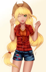 Size: 1600x2461 | Tagged: safe, artist:pandanoid, applejack, human, humanized, one eye closed, simple background, solo, white background, wink