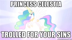 Size: 500x281 | Tagged: safe, edit, edited screencap, screencap, princess celestia, alicorn, pony, lesson zero, exploitable meme, flying, glow, image macro, meme, solo, unamused