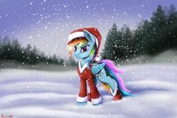 Size: 4500x3000 | Tagged: safe, artist:pony-stark, derpibooru import, rainbow dash, pegasus, pony, christmas, clothes, female, hat, holiday, mare, santa hat, scenery, smiling, snow, snowfall, tree