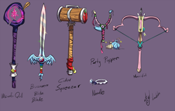 Size: 2652x1675 | Tagged: safe, artist:atryl, derpibooru import, applejack, fluttershy, pinkie pie, rainbow dash, rarity, twilight sparkle, crossbow, hammer, implied mane six, mane six, no pony, purple background, simple background, slingshot, sword, weapon