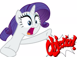 Size: 2048x1536 | Tagged: safe, rarity, pony, unicorn, ace attorney, female, horn, mare, meme, objection, solo