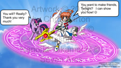 Size: 1024x576 | Tagged: safe, artist:thedesertkitsune, derpibooru import, twilight sparkle, human, crossover, impending doom, magic circle, magical girl lyrical nanoha, takamachi nanoha, watermark