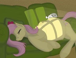 Size: 4356x3366 | Tagged: safe, artist:equum_amici, artist:patch, angel bunny, fluttershy, pegasus, pony, belly, eyes closed, on side, pregnant, sleeping, smiling, sunrise