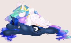 Size: 1024x627 | Tagged: safe, artist:princesstiramichyuu, princess celestia, princess luna, alicorn, pony, crown, female, horn, jewelry, mare, regalia, siblings, sisters, sleeping