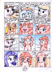 Size: 2550x3509 | Tagged: safe, artist:40kponyguy, derpibooru exclusive, derpibooru import, applejack, pinkie pie, rainbow dash, rarity, twilight sparkle, twilight sparkle (alicorn), alicorn, earth pony, human, pegasus, pony, unicorn, 40kponyguy's the staff of aurelian, beard, bonk, comic, crossover, derp, dialogue, facial hair, female, floppy ears, frown, hangover, happy, lidded eyes, looking down, mare, meme origin, open mouth, pinkamena diane pie, ruins, sad, shocked, smiling, speech bubble, throwing, traditional art, warhammer (game), warhammer 40k, wide eyes