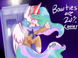 Size: 1024x768 | Tagged: safe, artist:manglethehistoryfox, princess celestia, alicorn, pony, bipedal, crossover, doctor who, eleventh doctor, fez, hat, solo, tardis