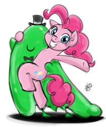 Size: 1280x1526 | Tagged: safe, artist:pia-sama, pinkie pie, smooze, pony, make new friends but keep discord, anatomically incorrect, bipedal, dancing, grin, hug, incorrect leg anatomy, looking at you, smiling, smoozepie