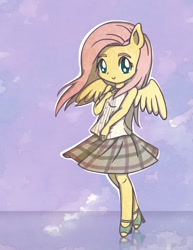 Size: 1280x1656 | Tagged: safe, artist:flutterluv, fluttershy, anthro, ambiguous facial structure, clothes, cute, happy, shoes, skirt, solo