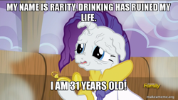 Size: 800x450 | Tagged: safe, edit, edited screencap, screencap, rarity, pony, unicorn, applejack's "day" off, alcoholism, caption, hans moleman, image macro, makeameme.org, meme, prunity, pruny, public service announcement, the simpsons