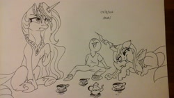 Size: 2048x1152 | Tagged: safe, artist:wilt and blush, princess celestia, queen chrysalis, oc, oc:anon, oc:kid anon, human, /pone/, 8chan, food, horn impalement, lineart, pie, tea