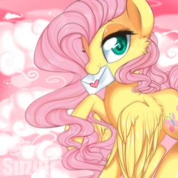 Size: 2000x2000 | Tagged: safe, artist:suzuii, fluttershy, pegasus, pony, cute, letter, mouth hold, shyabetes, valentine