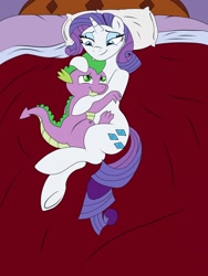 Size: 960x1280 | Tagged: safe, artist:marcushunter, rarity, spike, dragon, pony, unicorn, bed, cuddling, female, male, shipping, snuggling, sparity, straight