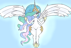 Size: 2712x1838 | Tagged: safe, artist:anonymous, princess celestia, alicorn, pony, /mlp/, 4chan, abstract background, both cutie marks, disproportional anatomy, drawthread, floating, huge butt, large butt, looking at you, pose, solo, wide hips