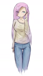 Size: 1113x1951 | Tagged: safe, artist:burnoid096, fluttershy, human, clothes, humanized, jeans, light skin, looking away, solo