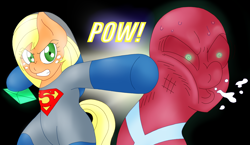 Size: 2368x1373 | Tagged: safe, artist:blackbewhite2k7, applejack, earth pony, pony, app-el, bio suit, commission, crossover, fight, kryptonite, parasite, parody, punch, superman, supermare