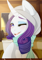 Size: 1240x1753 | Tagged: dead source, safe, artist:potates-chan, rarity, pony, unicorn, clothes, coffee, hat, one eye closed, scarf, solo