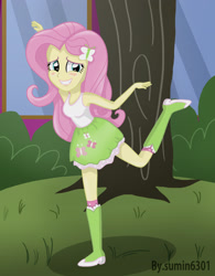 Size: 1944x2498 | Tagged: safe, artist:sumin6301, fluttershy, equestria girls, blushing, boots, clothes, cute, female, high heel boots, pose, raised leg, shyabetes, skirt, solo, tanktop, tree