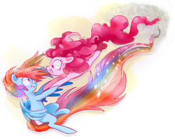 Size: 1280x1019 | Tagged: safe, artist:pinkablue, derpibooru import, pinkie pie, rainbow dash, earth pony, pegasus, pony, abstract background, description is relevant, female, flying, holding hooves, lesbian, link in description, looking at each other, mare, pinkiedash, shipping, signature, sparkles, video in description