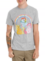 Size: 1360x1836 | Tagged: safe, derpibooru import, applejack (g1), pinkie pie, rainbow dash, human, g1, clothes, g4 to g1, generation leap, irl, irl human, merchandise, photo, t-shirt, tail bow