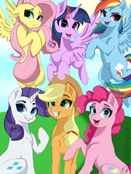 Size: 768x1024 | Tagged: safe, artist:kittywoofers, derpibooru import, applejack, fluttershy, pinkie pie, rainbow dash, rarity, twilight sparkle, twilight sparkle (alicorn), alicorn, earth pony, pegasus, pony, unicorn, cute, dashabetes, diapinkes, female, group photo, jackabetes, looking at you, mane six, mare, raribetes, shyabetes, smiling, twiabetes