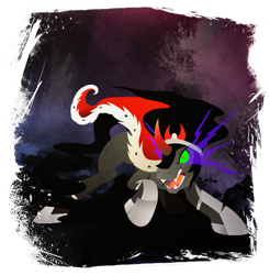 Size: 901x916 | Tagged: safe, artist:rariedash, derpibooru import, king sombra, pony, unicorn, abstract background, action pose, clothes, coat, fangs, hooves, horn, lineless, male, open mouth, solo, stallion, teeth